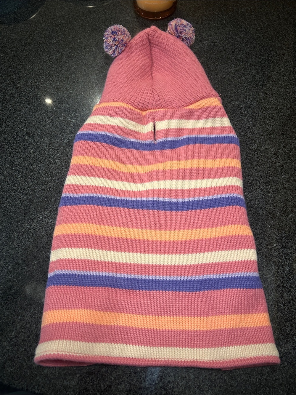 Pink Striped Knit Dog Sweater with Pom-Pom Hood